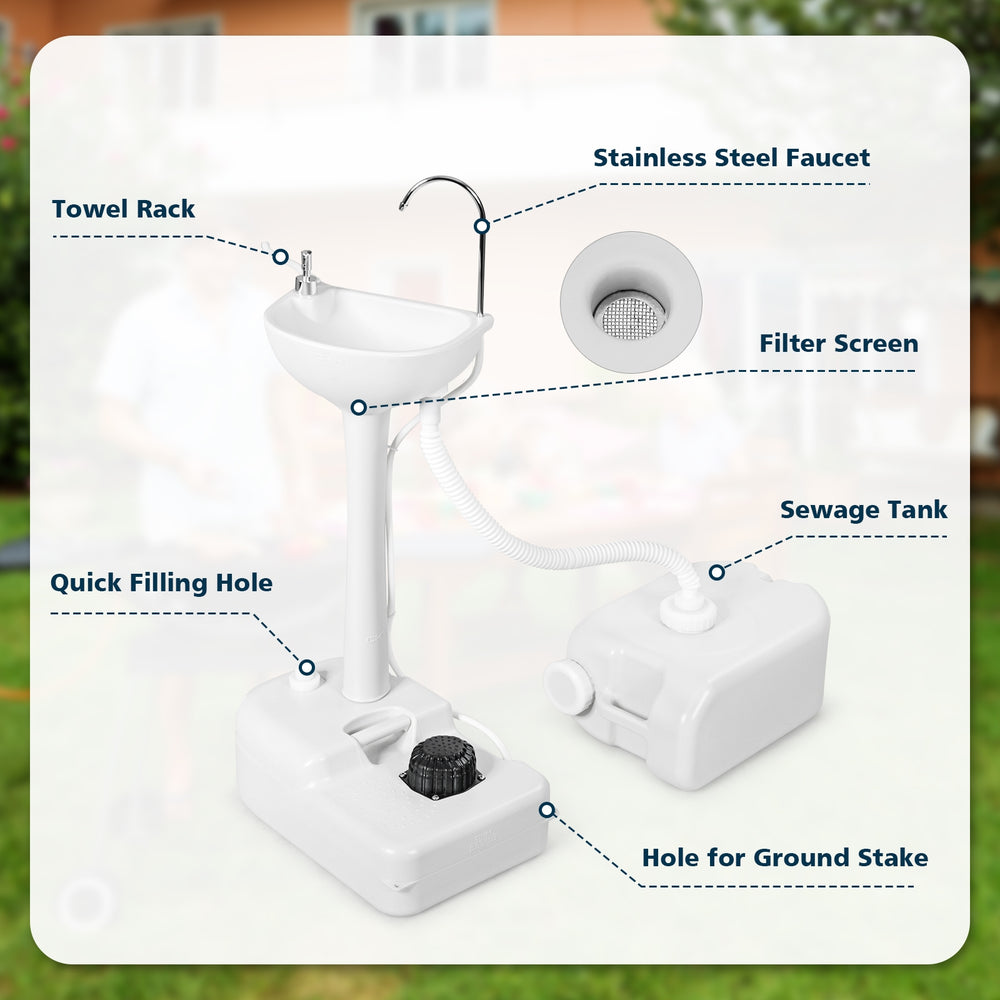 Camping hand wash station with stainless steel faucet, 4.5-gallon tank, and towel rack for hygiene convenience.