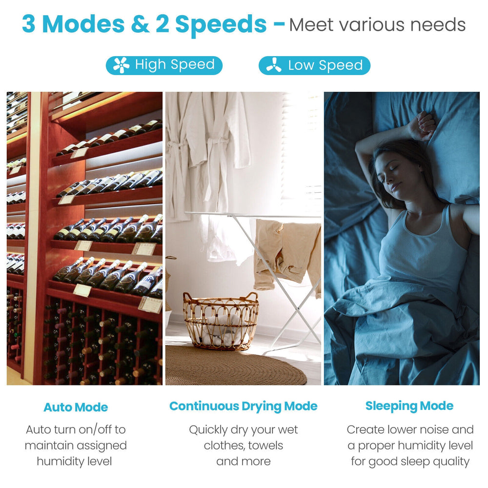 Dehumidifier with auto mode and low speed, ideal for maintaining humidity levels in rooms up to 1750 sq. ft.