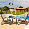 3-piece brown patio rattan rocking furniture set with cushions, ideal for poolside relaxation and outdoor comfort.