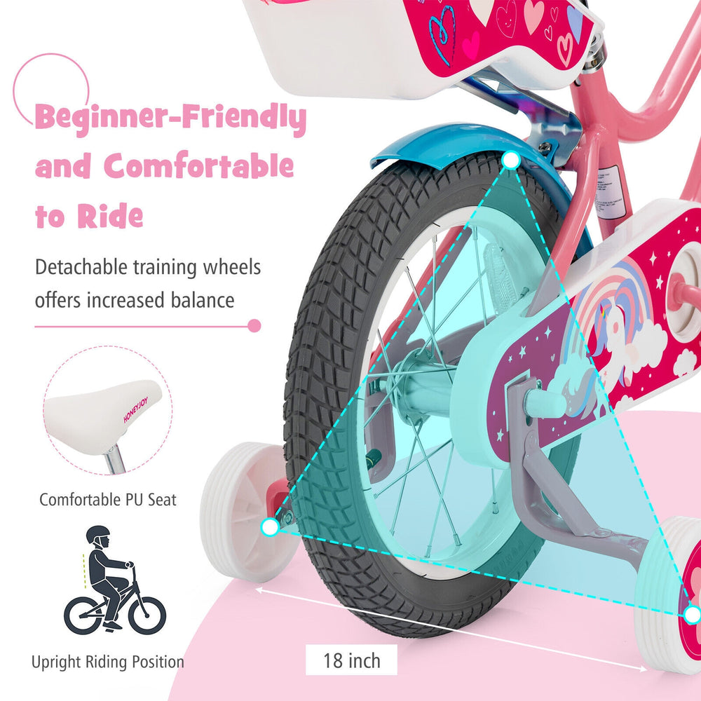 Kids bicycle with 18-inch puncture-proof tires, detachable training wheels, and a comfortable PU seat for ages 3-9.
