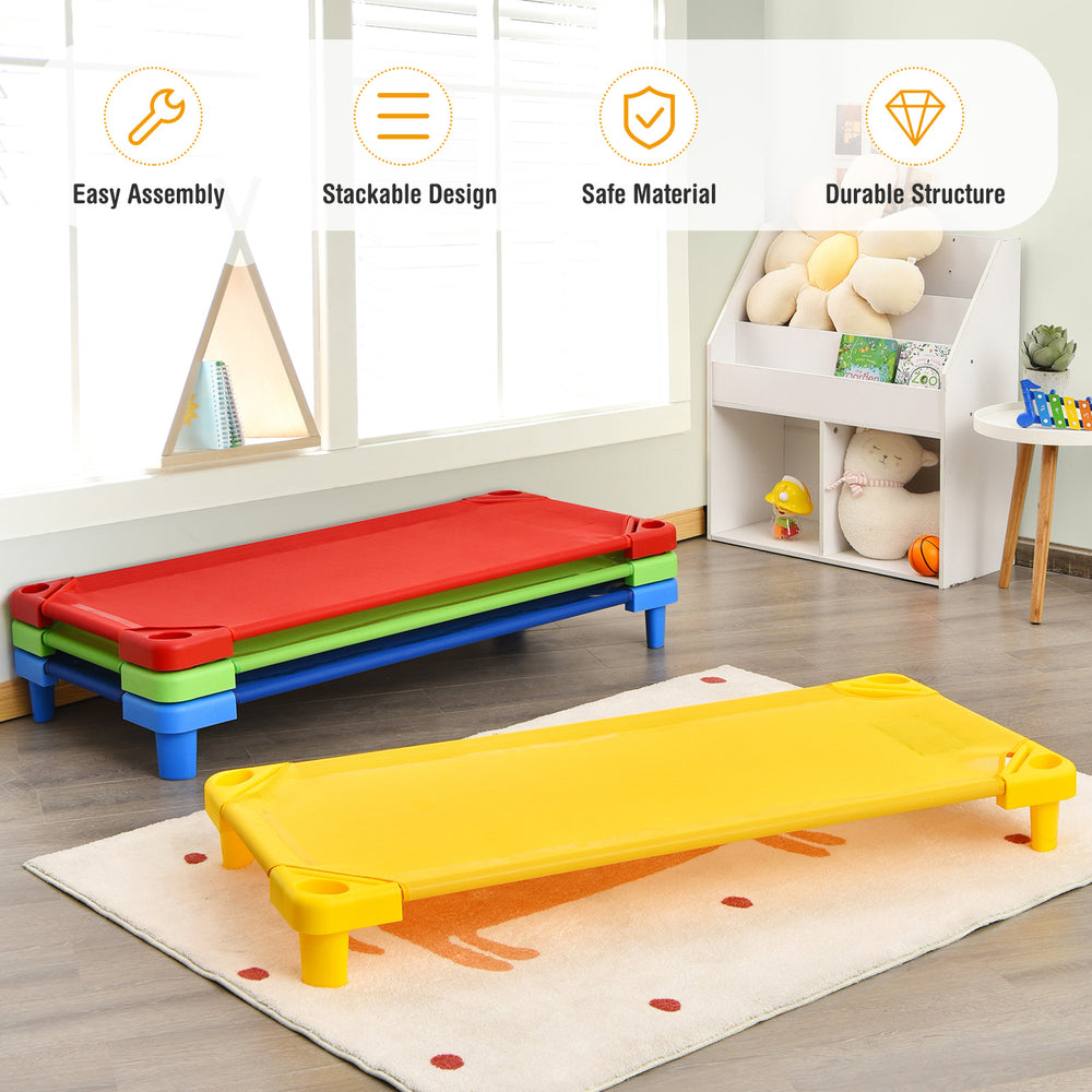 Colorful kids stackable naptime cots with a heavy-duty steel frame, perfect for preschools and daycares.