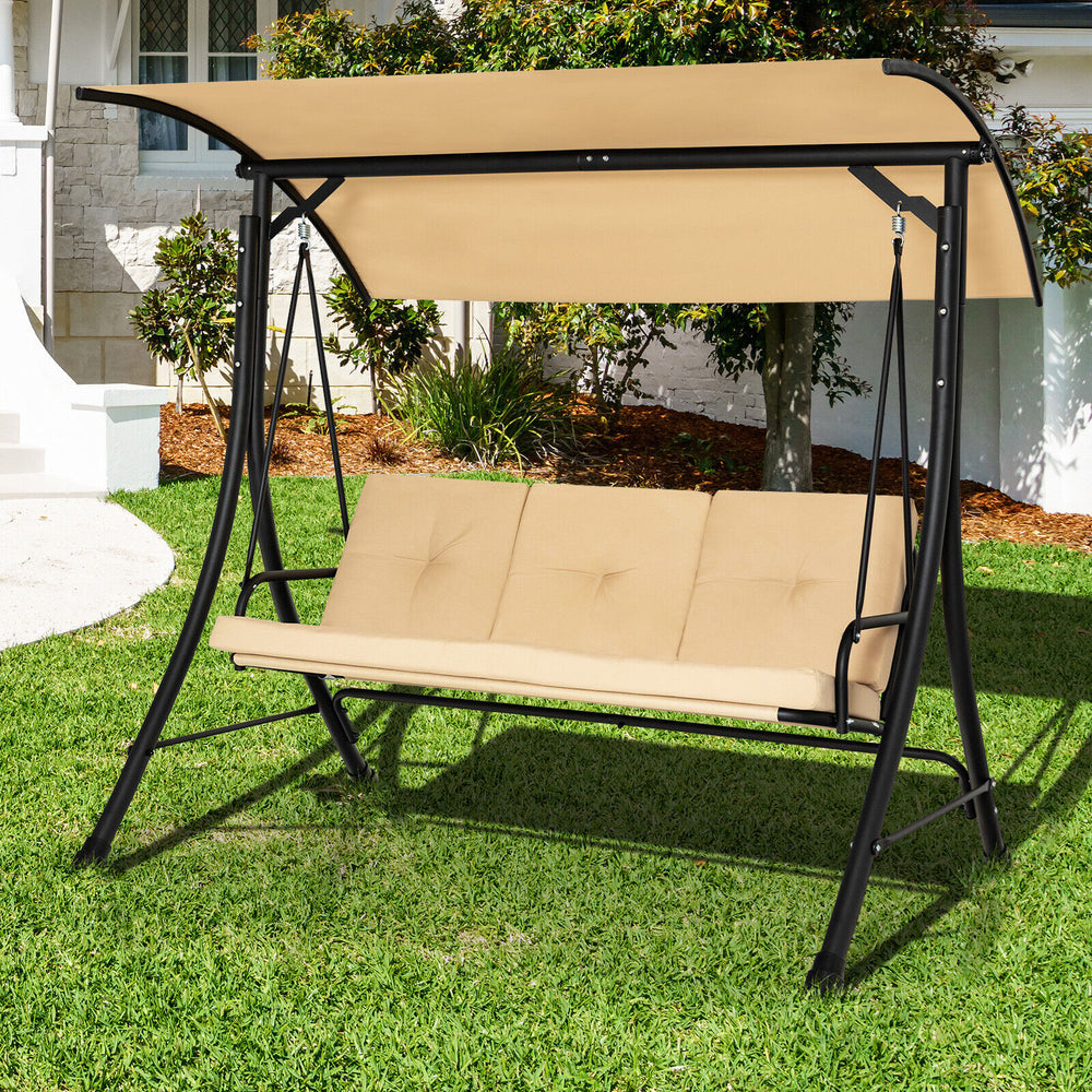 3-Seat Outdoor Porch Swing with Adjustable Canopy and Padded Cushions-Beige - Gallery View 1 of 10