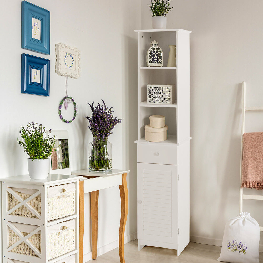 Tall white freestanding storage cabinet positioned in a bright room, featuring open shelves for decorative display and.