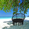 Cushioned black hammock swing chair hanging under a tree, perfect for outdoor relaxation by the beach.