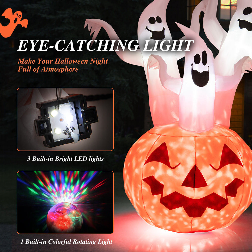 6 feet inflatable Halloween ghosts with pumpkin decor and rotating lamp, perfect for creating a spooky atmosphere.
