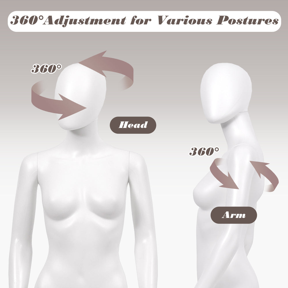 Full body female mannequin with 360° adjustable head and arm, featuring a durable plastic body and metal stand.