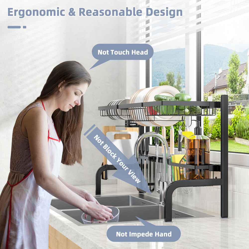2 Tier adjustable over sink dish drying rack with 4 baskets and 8 hooks, designed for space-saving and easy assembly.