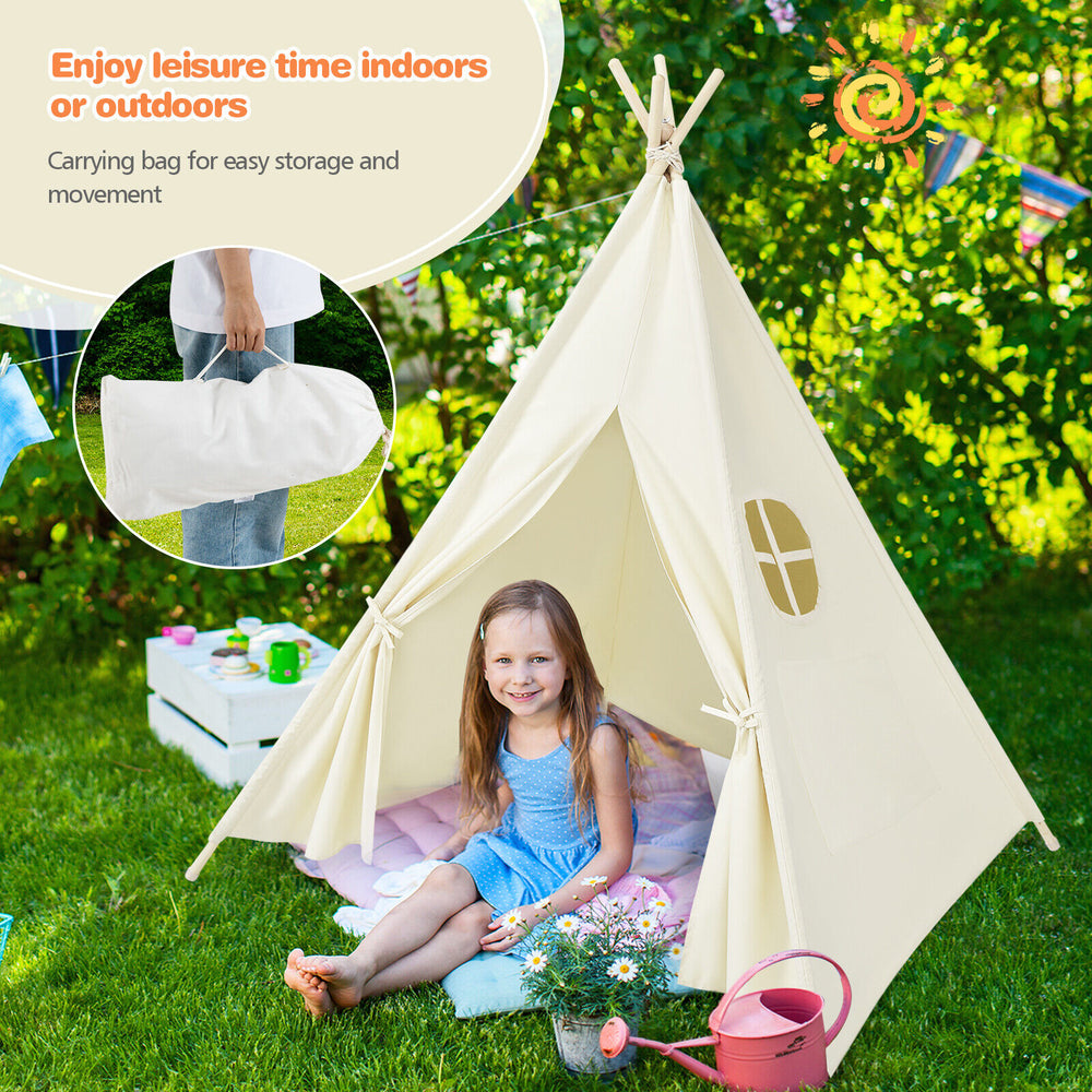 Foldable kids canvas teepee play tent with sturdy pine wood poles, side pockets, and built-in window for indoor or.