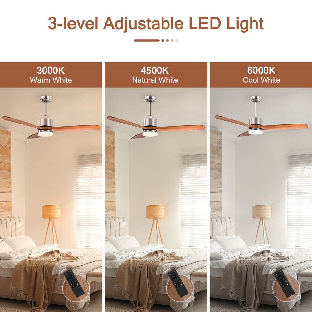 52-inch reversible ceiling fan with LED light, featuring adjustable temperatures and remote control for year-round.