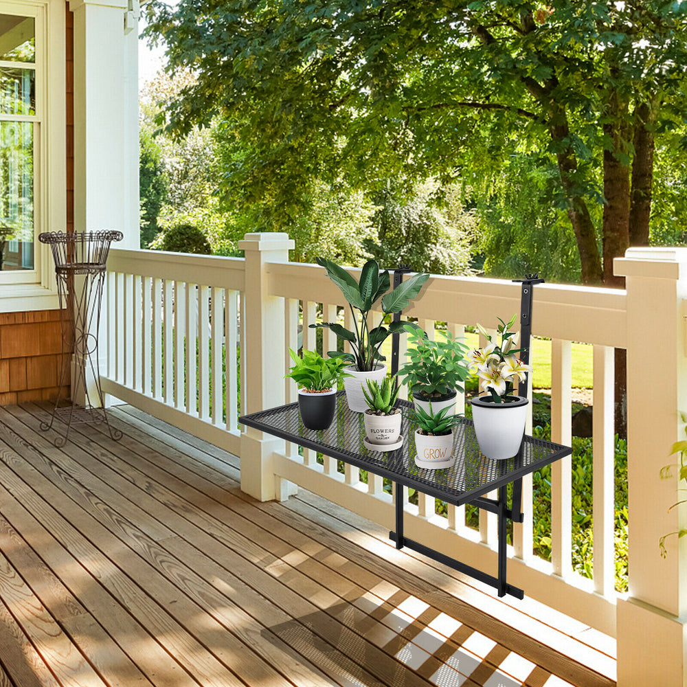 Railing folding table with adjustable heights, featuring a sturdy iron design for holding flower pots and sundries on a.