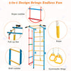 Indoor kids gym featuring a wall ladder, pull-up bar, rope ladder, and gymnastic rings for active play and fitness.