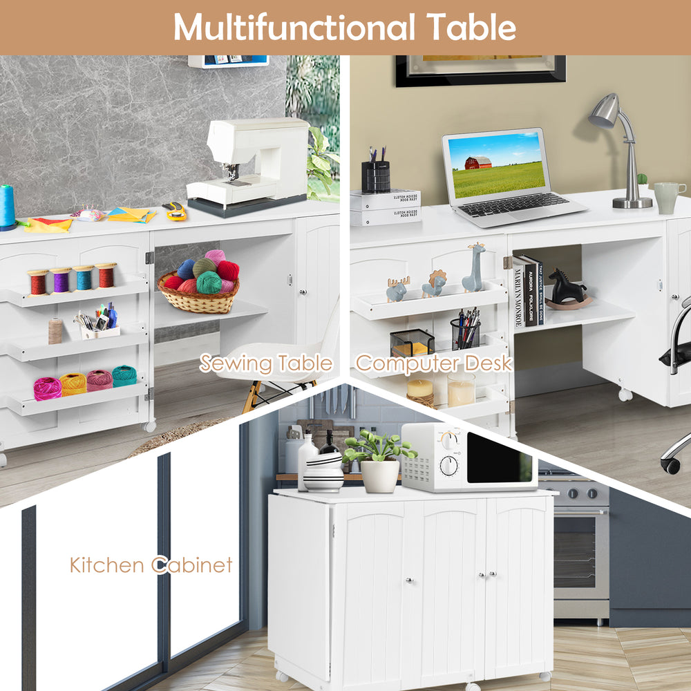 Folding sewing table with wheels, white MDF, featuring storage bins and adjustable shelf, ideal for crafting and.