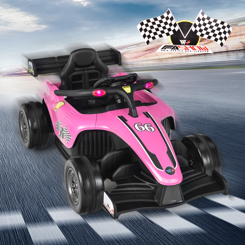 Pink 12V kids ride-on electric Formula racing car with remote control, featuring racing lights and shock-absorbing.