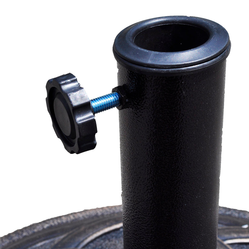 Heavy duty 22-inch umbrella base stand with a rust-resistant steel upright and decorative bronze finish for stability.