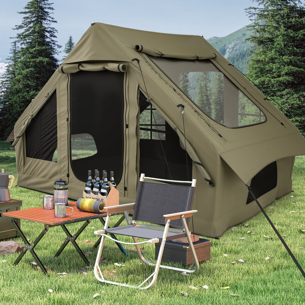 4-6 People Inflatable Camping Tent with 4 Mesh Screen Windows and 2 Doors-Green - Gallery View 1 of 10
