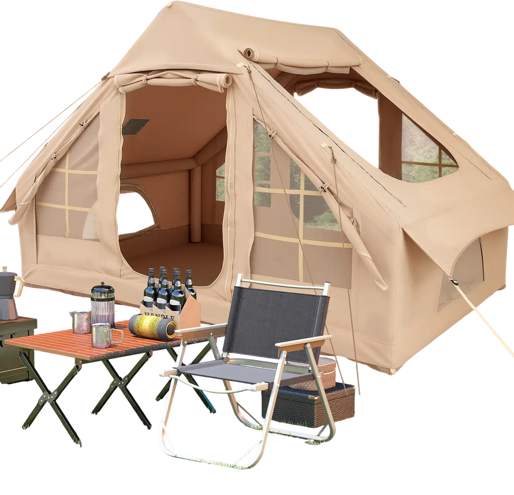 Inflatable camping tent for 4-6 people with mesh windows and doors, set up in a scenic outdoor location.