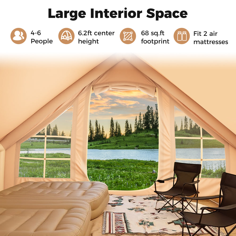 Spacious 4-6 person inflatable camping tent with 6.2 ft height, featuring mesh windows and dual doors for ventilation.