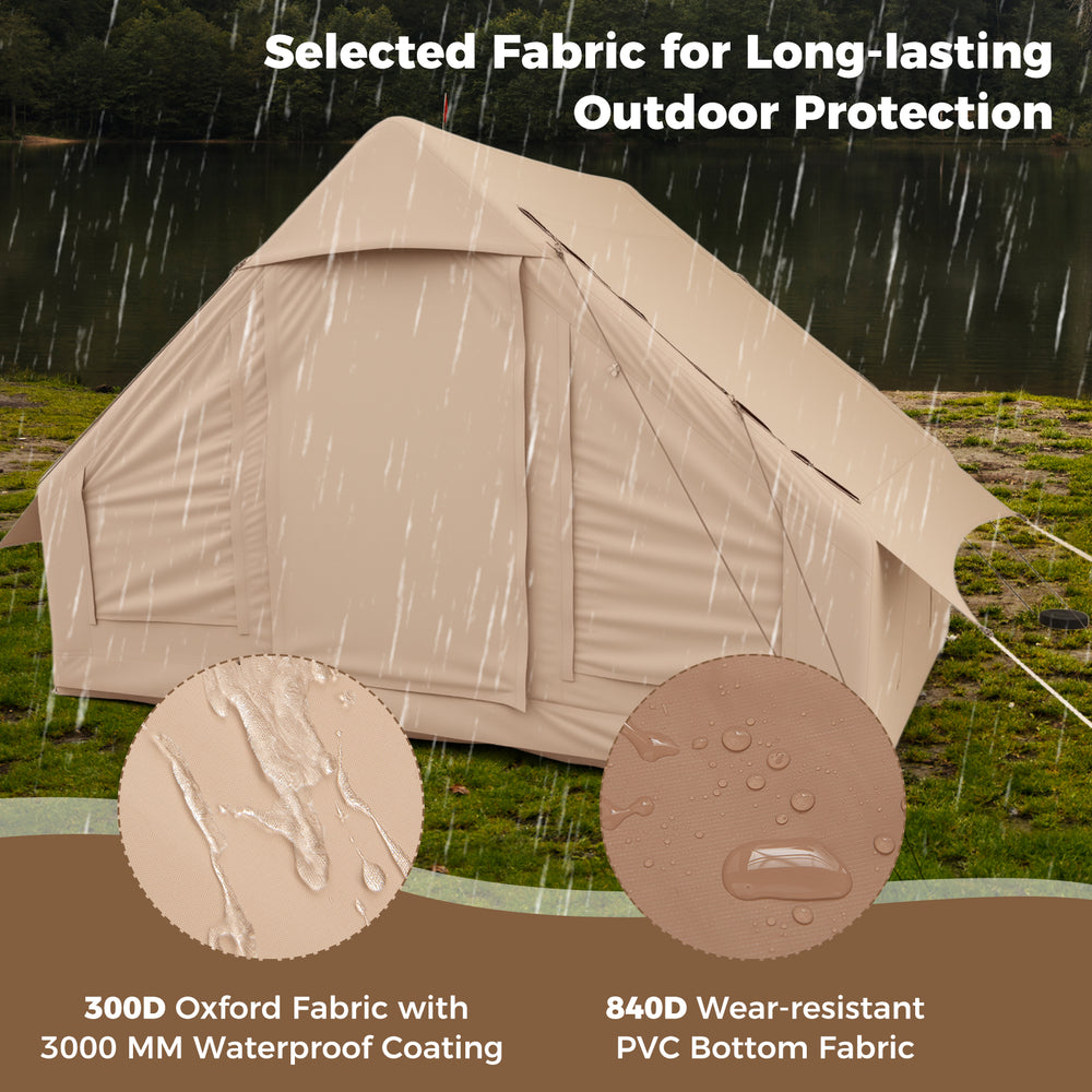 Inflatable camping tent for 4-6 people, featuring waterproof 300D Oxford fabric and durable 840D PVC bottom for outdoor.