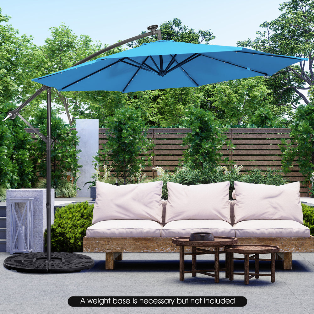 Blue 10-foot patio solar-powered cantilever umbrella with tilting system, providing shade for outdoor relaxation.