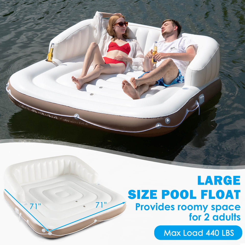 Large inflatable pool float lounge with detachable sunshade, cup holders, and ergonomic design for two adults.