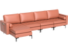 Reversible chaise of the pink modular L-shaped sectional sofa, featuring soft bolsters and hidden storage for added.