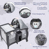 Portable baby nursery center in gray with adjustable canopy, hanging toys, and music box for versatile infant care.