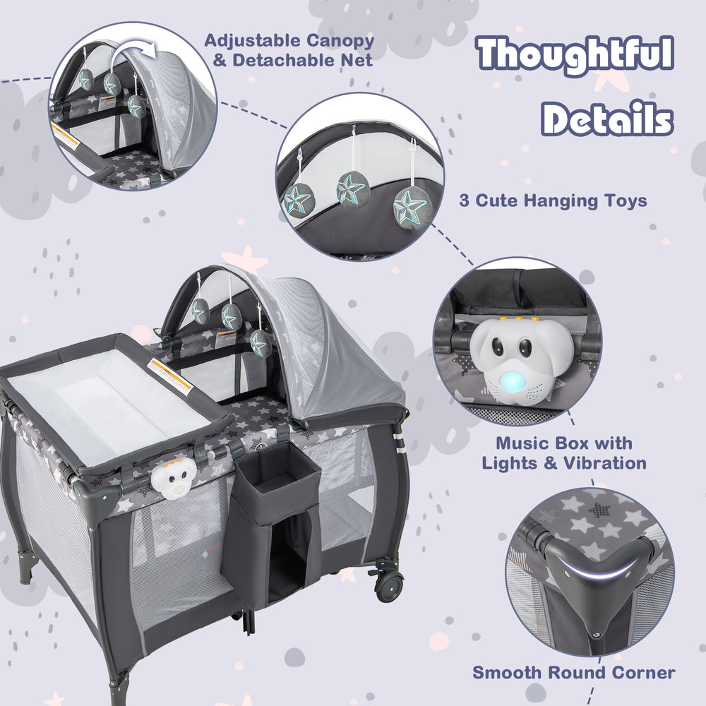 Portable baby nursery center in gray with adjustable canopy, hanging toys, and music box for versatile infant care.