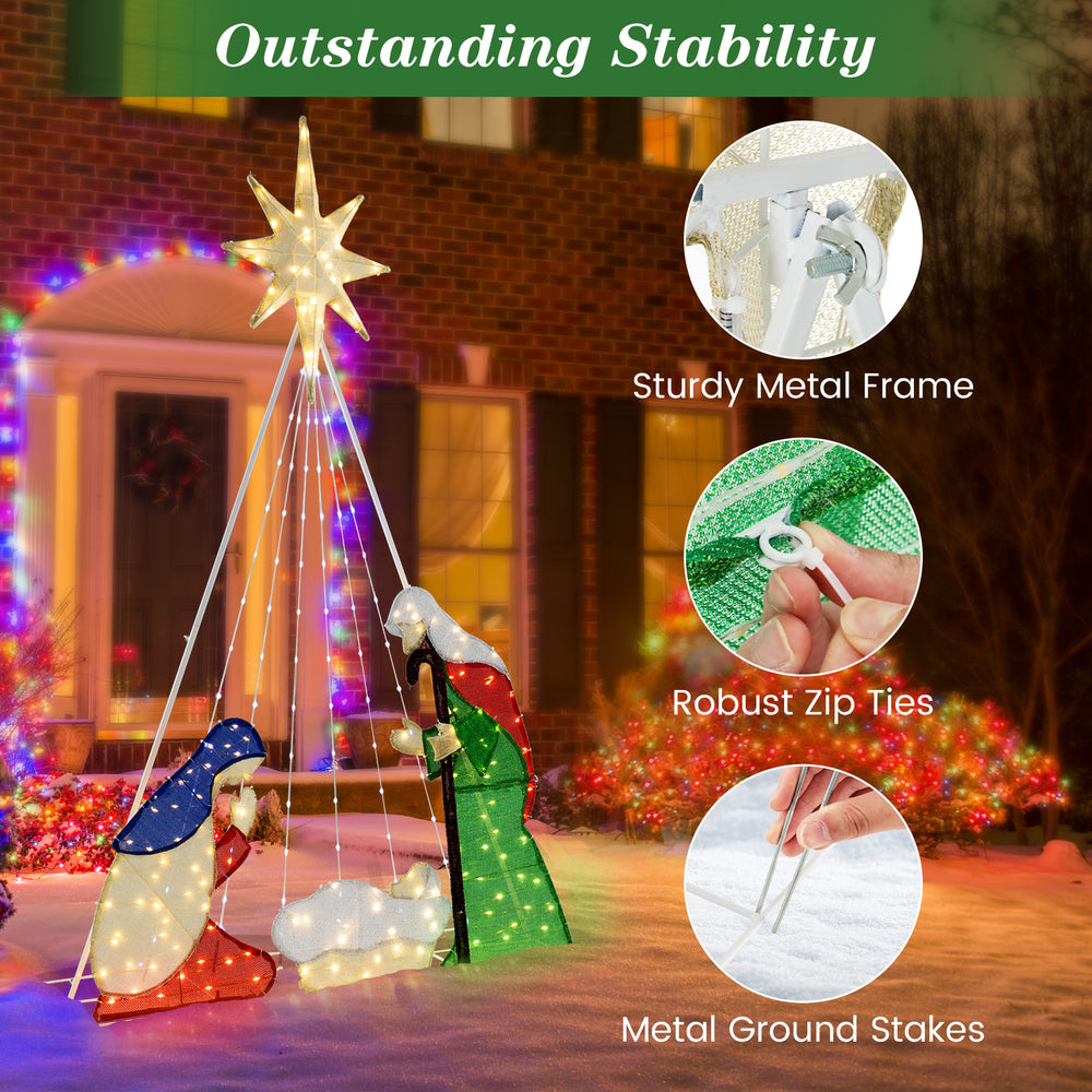 6 feet lighted nativity scene featuring Jesus, Mary, and Joseph with 240 LED lights, ideal for outdoor Christmas.
