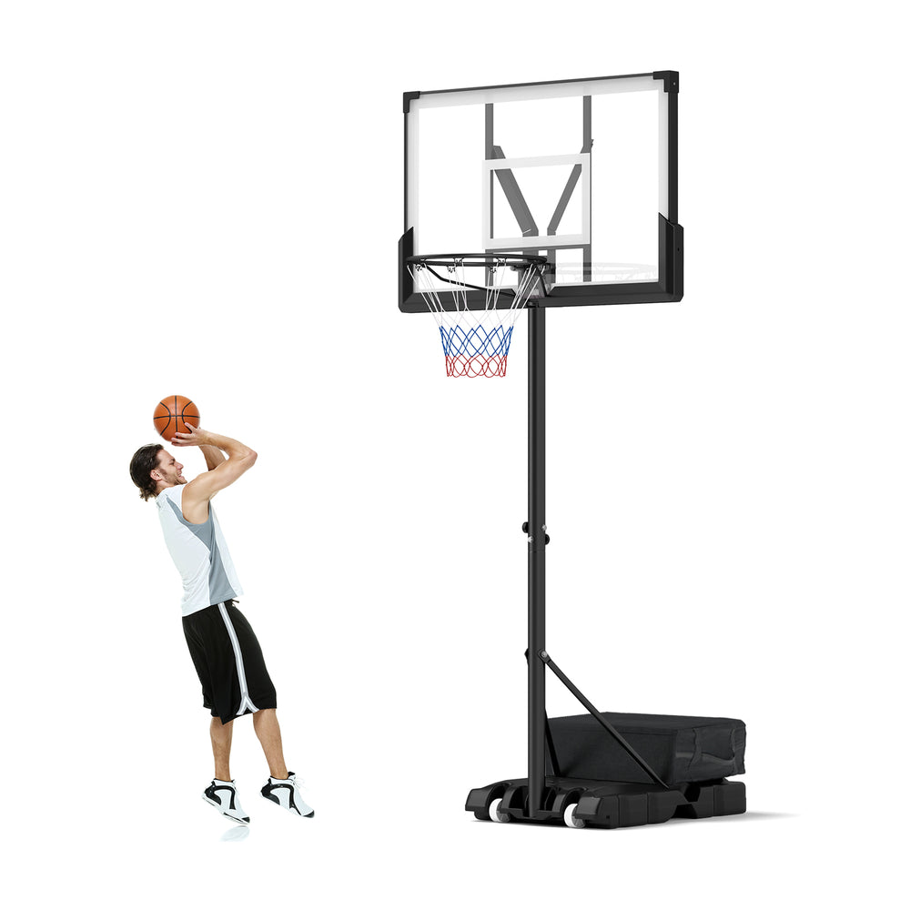 Portable outdoor basketball hoop with adjustable height, large backboard, and sturdy base for kids and adults.
