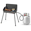 Portable 2-in-1 gas camping grill and stove with detachable legs, featuring a non-stick Teflon grill pan and 10,000 BTU.