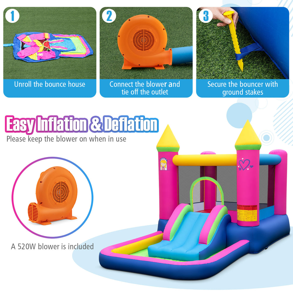 Inflatable bounce house with slide and ball pit, made of durable oxford fabric, ideal for kids aged 3 to 12 years.