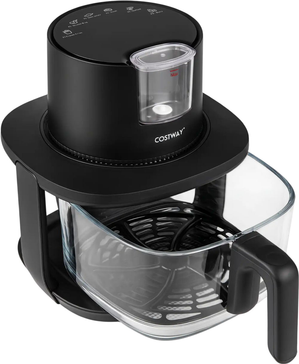 4.7 QT black glass air fryer with steam frying mode and six cooking presets for healthier, crispy meals.