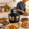 4.7 QT Glass Air Fryer in black with steam frying mode, showcasing crispy chicken wings and fries for healthier meals.