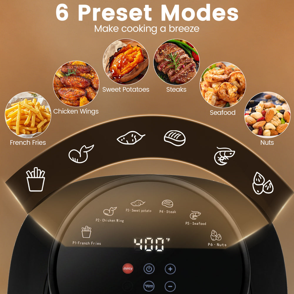 The 4.7 QT Black Glass Air Fryer features 6 cooking presets for healthier meals with 95% less oil and steam frying mode.