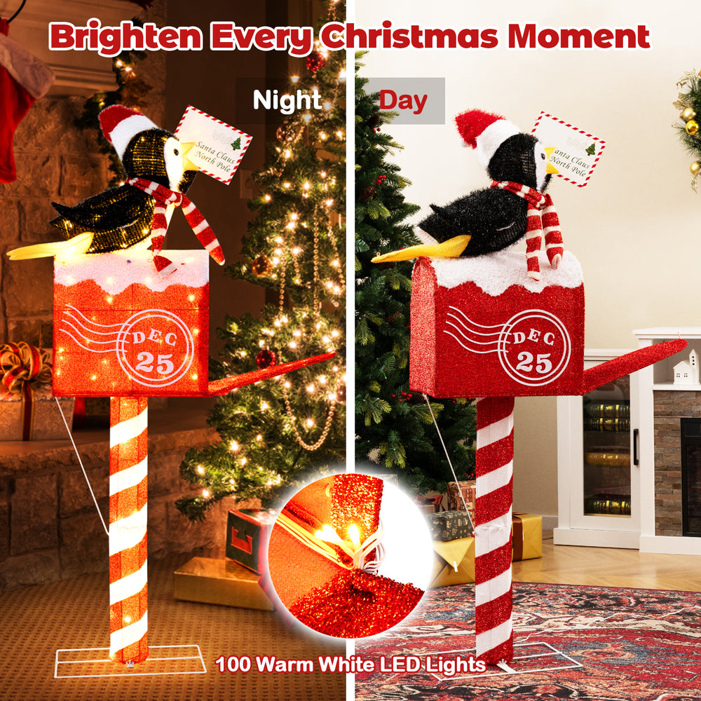 Lighted penguin on mailbox decoration with 100 warm white LEDs, perfect for festive displays in homes and shops.