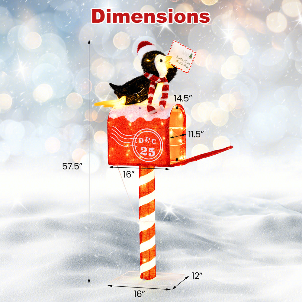 Lighted penguin on mailbox decoration, 4.8 FT tall, featuring 100 warm white LEDs for festive outdoor display.