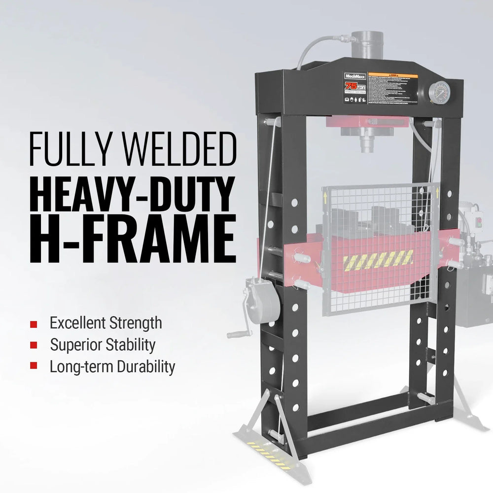 75 Ton H-Frame Electric Hydraulic Shop Press with Hand Winch, 110V Motor, Fully Welded Steel Frame, Safety Guard, HSP75E