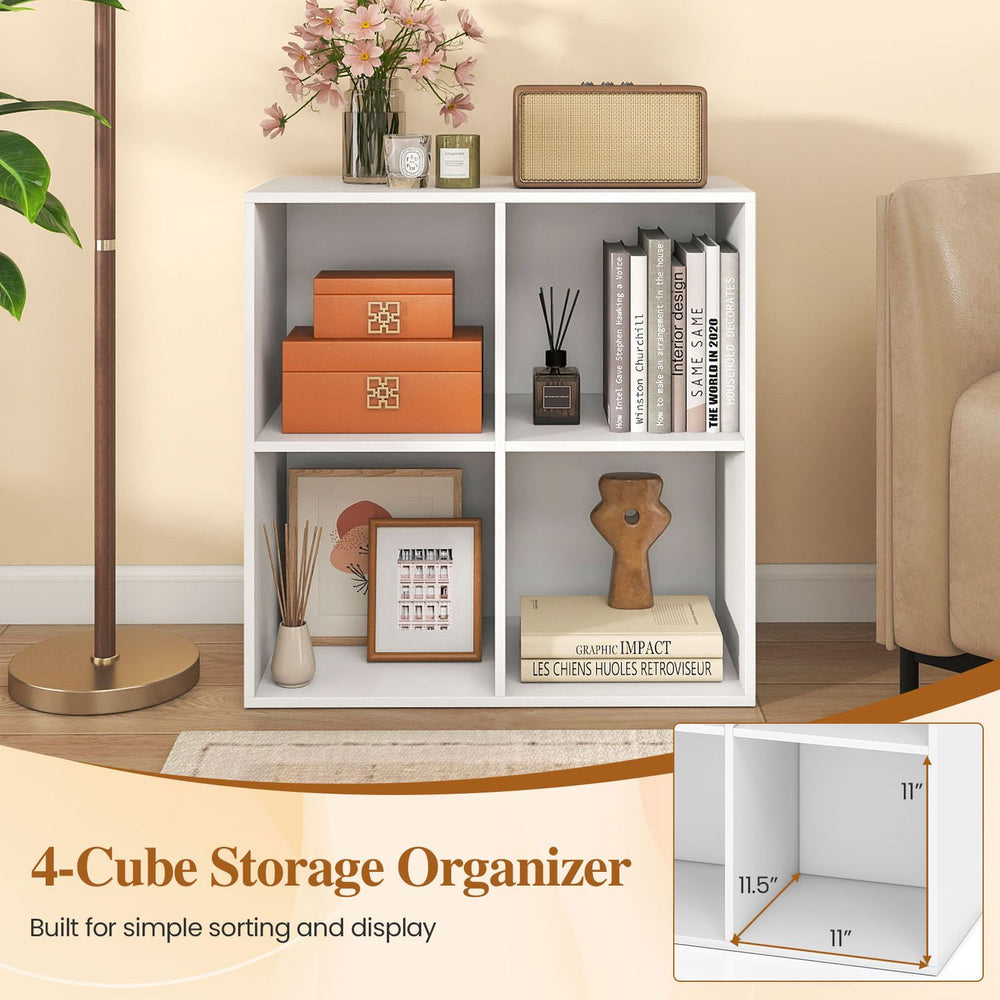 Four-cube storage organizer in white, designed for easy access and tool-free assembly, perfect for living room or study.