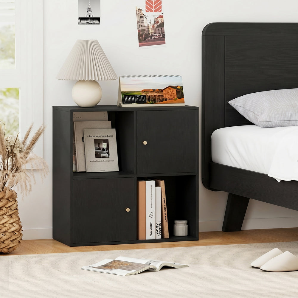 4-Cube Bookcase 3-Tier Bookshelf with Dual Anti-Tipping Kits and 2 Cabinets-Black - Gallery View 1 of 10