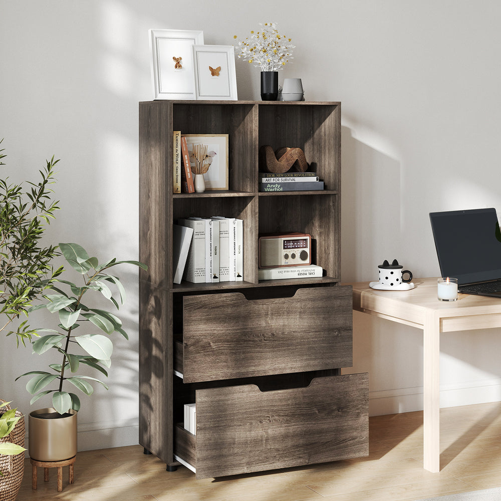4-cube bookcase with 2 drawers in gray, featuring open storage for plants and photos, ideal for living room or office.