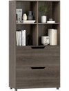 Gray 4-cube bookcase with 2 drawers, showcasing a sturdy design and cut-out handles for easy access in any space.