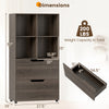 Tall gray 4-cube bookcase with 2 drawers, featuring open storage and a chic design for living room or office use.