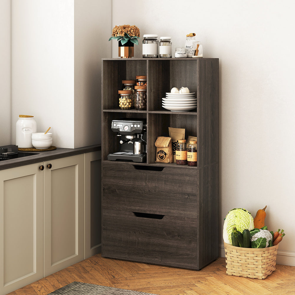 Tall gray 4-cube bookcase with 2 drawers, ideal for stylish storage in living room or office, featuring open shelves.