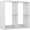 White 4-cube bookshelf with back guardrail, perfect for storing books and decorations in living room or bedroom.