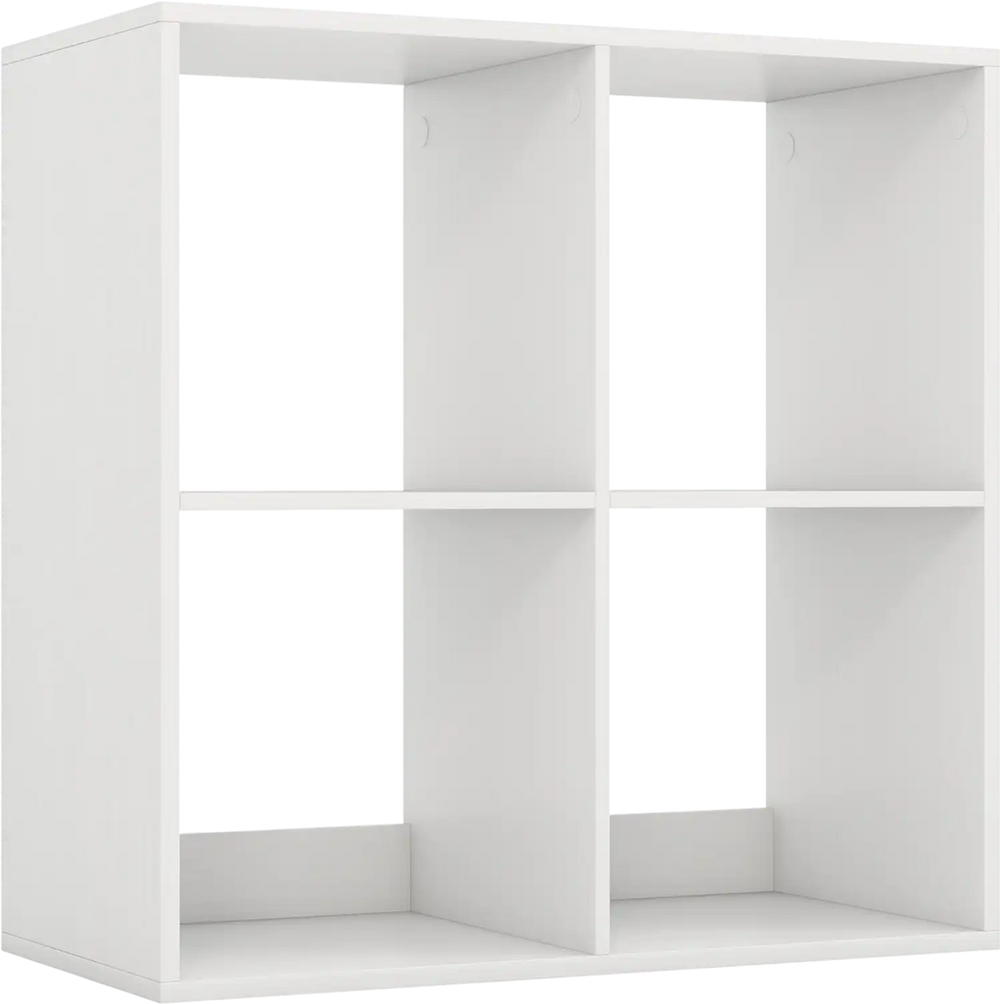 White 4-cube bookshelf with back guardrail, perfect for storing books and decorations in living room or bedroom.