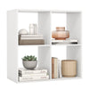 4-cube bookshelf in white with back guardrail, showcasing books, plants, and decor for stylish storage in any room.