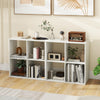 Four-cube bookshelf in white with back guardrail, ideal for storing books and decor in living room or bedroom.