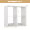 Dimensions of the white 4-cube bookshelf, featuring 13" and 12" compartments for versatile storage solutions.