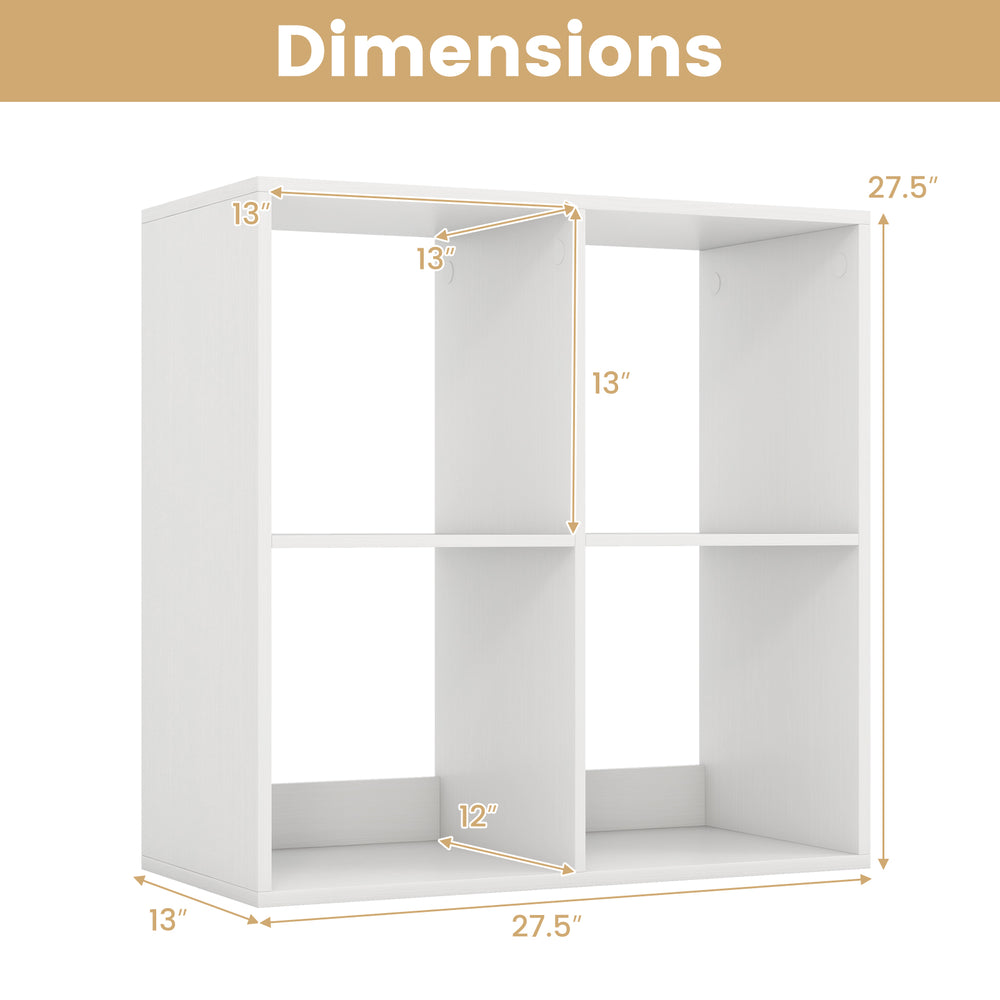 Dimensions of the white 4-cube bookshelf, featuring 13" and 12" compartments for versatile storage solutions.
