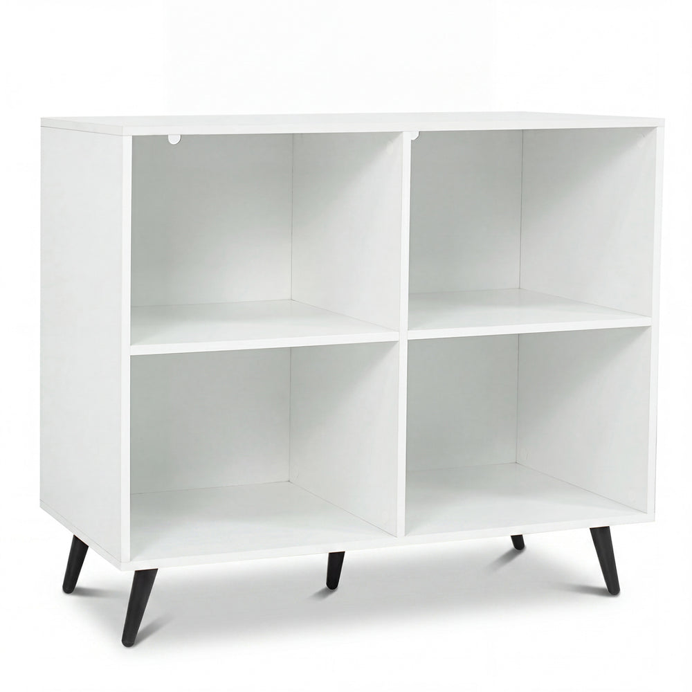 White 4-cube wooden bookshelf with 5 metal legs, perfect for organizing items in your living room or home office.